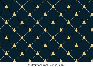 Geometric Christmas seamless pattern with gold Christmas trees and navy background. Xmas diagonal repeatable luxury design vector illustration. Modern New Year template with geometric shapes.