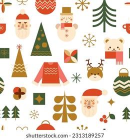 Geometric Christmas seamless pattern. Winter holiday geometry icons - Santa, bear, candy stick, Christmas ball, tree, snowflake. Red, green and gold geometric repeat background. Vector illustration