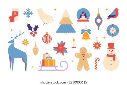 Geometric Christmas set festive design elements. Cute flat illustrations, fir tree, Christmas toys, florals, snowman, gift boxes, deer and bird, gingerbread. Winter season holiday. New Year vector