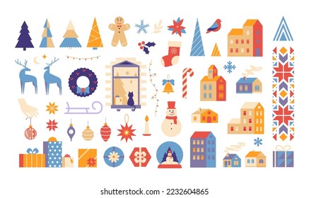 Geometric Christmas set festive elements. Cute flat illustrations, houses, fir tree, Christmas toys, florals, snowman, gift boxes, deer and bird, gingerbread. Winter season holiday. New Year vector