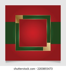 Geometric Christmas square frame in festive gold, red and green colors. Golden shiny glowing blank border. Winter holidays vibrant background with copy space.