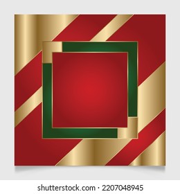 Geometric Christmas square frame in festive gold, red and green colors. Golden shiny glowing blank border. Winter holidays vibrant background with copy space.