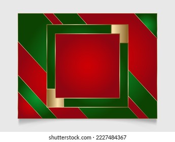Geometric Christmas square frame in festive gold, red and green colors. Golden shiny glowing blank border. Winter holidays vibrant background with copy space.