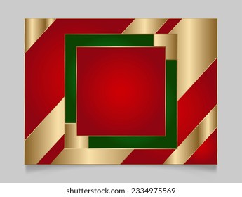 Geometric Christmas square frame in festive gold, red and green colors. Golden shiny glowing blank border. Winter holidays vibrant background with copy space.