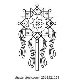Geometric Christmas star with symmetrical patterns, triangles, circles, squares, and ribbons. Suitable for festive designs, cards, and decorations.