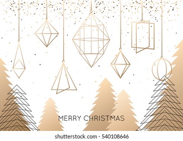 Geometric Christmas Tree And Decoration On White Background.
