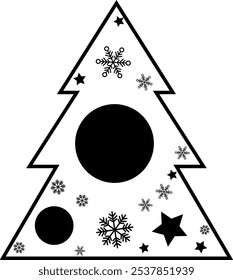 Geometric Christmas tree filled with snowflake circles and stars. Modern design captures the festive spirit with a geometric twist, perfect for holiday-themed projects, greeting cards.