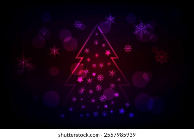 Geometric Christmas tree filled with snowflake circles and stars. Perfect for holiday-themed projects, greeting cards, and seasonal decorations. Neon purple glowing geometric Christmas tree.