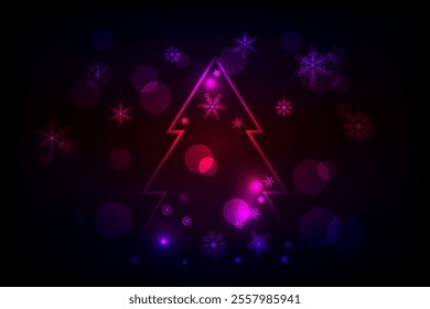 Geometric Christmas tree filled with snowflake circles and stars. Perfect for holiday-themed projects, greeting cards, and seasonal decorations. Neon purple glowing geometric Christmas tree.