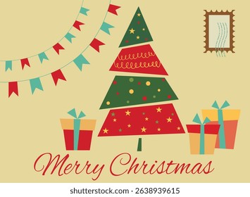 Geometric Christmas Tree with Gifts and Bunting – Merry Christmas Greeting A festive and playful Christmas card illustration featuring a stylized geometric Christmas tree made of stacked
