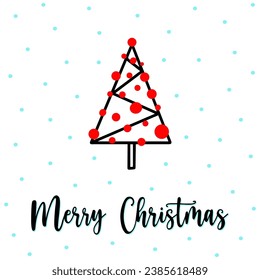 Geometric Christmas tree greeting card with Merry Christmas lettering. Drawn geometric Christmas tree with red garland, snowfall on background. Minimalist thin line Christmas tree in geometric style.