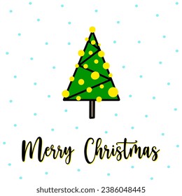 Geometric Christmas tree greeting card with Merry Christmas lettering. Hand drawn geometric Christmas tree with garland, snowfall on background. Modern thin line Christmas tree in geometric style.