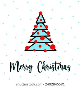 Geometric christmas tree greeting card with Merry Christmas lettering. Doodle cartoon funny fir tree with snowfall on background. Doodle outline new year tree in doodle style Geometric spruce postcard