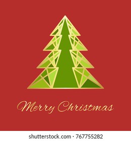 Geometric Christmas tree over red background. Vector illustration with holiday background. Winter design element, greeting card