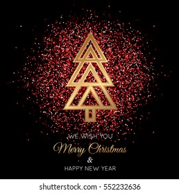 Geometric Christmas Tree with red particles on black background. Vector illustration.