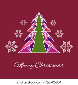 Geometric Christmas tree with snowflakes over red background. Vector illustration with holiday background. Winter design element
