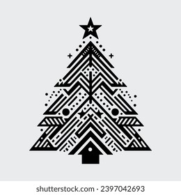 geometric christmas tree with star on top, black outline shape geometric christmas tree silhouette isolated minimal unique creative christmas tree xmas elegant design pine tree abstract design