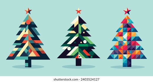geometric christmas tree with star on top, colorful blocks, modern abstract christmas tree with geometric design, minimal unique creative christmas tree shape with colors, square symmetrical xmas set
