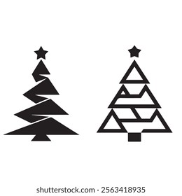 geometric christmas tree with star on top, black outline shape geometric christmas tree silhouette isolated minimal unique creative christmas tree xmas elegant design pine tree abstract design
