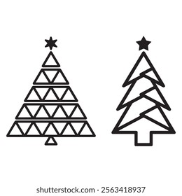 geometric christmas tree with star on top, black outline shape geometric christmas tree silhouette isolated minimal unique creative christmas tree xmas elegant design pine tree abstract design
