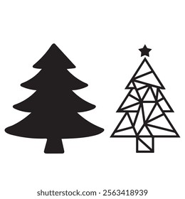 geometric christmas tree with star on top, black outline shape geometric christmas tree silhouette isolated minimal unique creative christmas tree xmas elegant design pine tree abstract design
