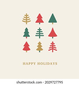 Geometric Christmas trees icons set. Vector illustration. Merry Xmas and Happy New Year greeting card, minimal noel corporate design template. Elegant Winter holidays poster, invitation or background