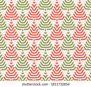 Geométricos árboles de Navidad sin costura - Colección de vacaciones de invierno - Feliz Navidad y Feliz Año Nuevo - Resumen de diseño de fondo mínimo - Papel de pared rojo y verde elegante y moderno