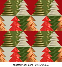 Geometric Christmas trees seamless pattern in red and green for textile, wrap paper, surface pattern.