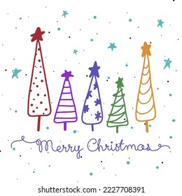 Geometric Christmas trees in stars and snowflakes, Merry Christmas, holiday card, decorations on a white background