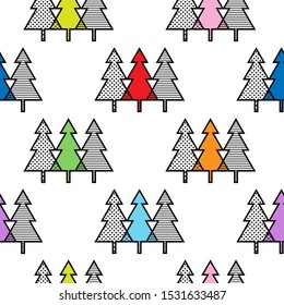 Geometric Christmas trees triangles polka dots and stripes  vector seamless pattern. White background 