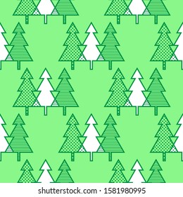 Geometric Christmas trees triangles polka dots and stripes  vector seamless pattern. Green background.