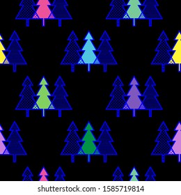 Geometric Christmas trees triangles polka dots and stripes  vector seamless pattern. Colored black.
