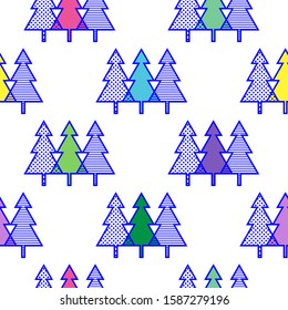 Geometric Christmas trees triangles polka dots and stripes  vector seamless pattern. Colored white background.