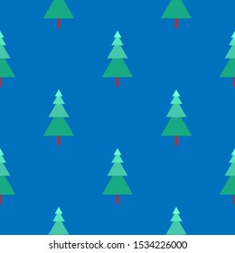 Geometric Christmas trees triangles and rectangles vector seamless pattern. Blue background.