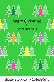 Geometric Christmas trees vector greeting card. Green background.