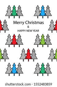 Geometric Christmas trees vector greeting card. White, red, green, blue, black colors.