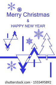 Geometric Christmas trees vector greeting card. Merry Christmas. Blue and white colors.