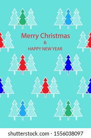 Geometric Christmas trees vector greeting card. Blue background.