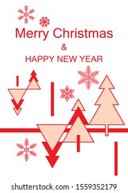 Geometric Christmas trees vector greeting card. Merry Christmas. Red and white colors.