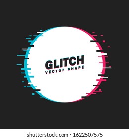 Geometric circle banner with glitch effect and shining lights. Vector illustration. Dark background.