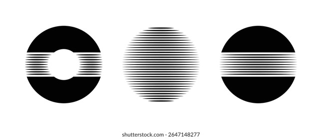 Geometric circle compositions with horizontal line distortion – bold abstract forms with horizontal line patterns.