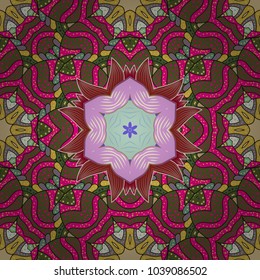 Geometric circle element in glod colors. Mandala on green, magenta and neutral colors. Vector Round Ornament Pattern. Spiritual and ritual symbol of Islam, Arabic, Indian religions.