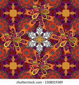 Geometric circle element in glod colors. Vector Round Ornament Pattern. Mandala on orange, purple and yellow colors. Spiritual and ritual symbol of Islam, Arabic, Indian religions.