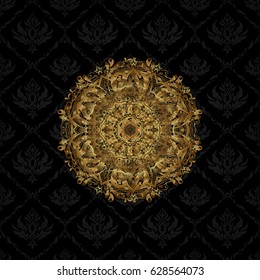 Geometric circle element in glod colors. Mandala on black background. Vector Round Ornament Pattern. Spiritual and ritual symbol of Islam, Arabic, Indian religions.