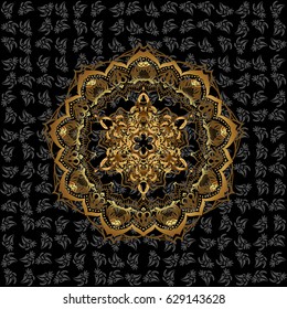 Geometric circle element in glod colors. Vector Round Ornament Pattern. Spiritual and ritual symbol of Islam, Arabic, Indian religions. Mandala on black background.