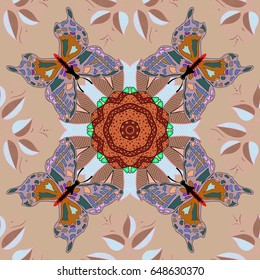 Geometric circle element in glod colors. Spiritual and ritual symbol of Islam, Arabic, Indian religions. Mandala on colorfil background. Vector Round Ornament Pattern.