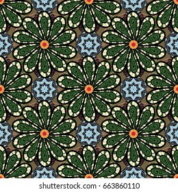 Geometric circle element in glod colors. Spiritual and ritual symbol of Islam, Arabic, Indian religions. Mandala on background. Vector Round Ornament Pattern.