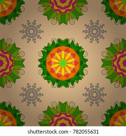 Geometric circle element in glod colors. Spiritual and ritual symbol of Islam, Arabic, Indian religions. Mandala on beige, green and orange colors. Vector Round Ornament Pattern.