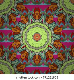 Geometric circle element in glod colors. Spiritual and ritual symbol of Islam, Arabic, Indian religions. Mandala on green, neutral and blue colors. Vector Round Ornament Pattern.