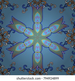 Geometric circle element in glod colors. Mandala on blue, black and yellow colors. Vector Round Ornament Pattern. Spiritual and ritual symbol of Islam, Arabic, Indian religions.